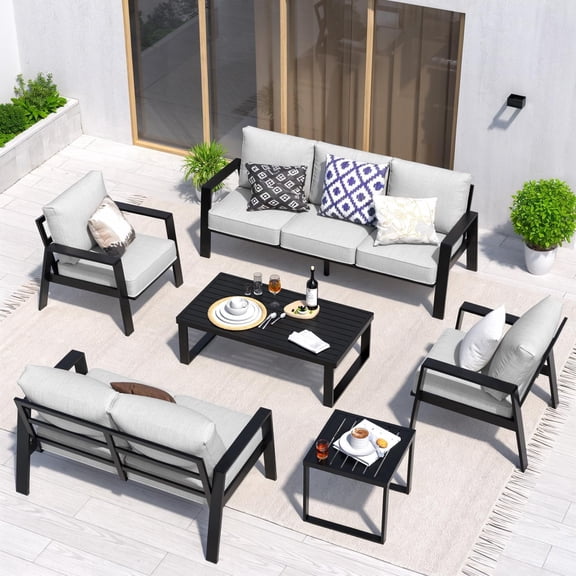 YOEEMZ 5-Piece Patio Conversation Set with Coffee Table, Seats 7, Light Grey