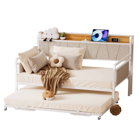 YOEEMZ Twin Daybed with Trundle, Metal Frame with Upholstered Headboard, Storage Shelf & LED, White