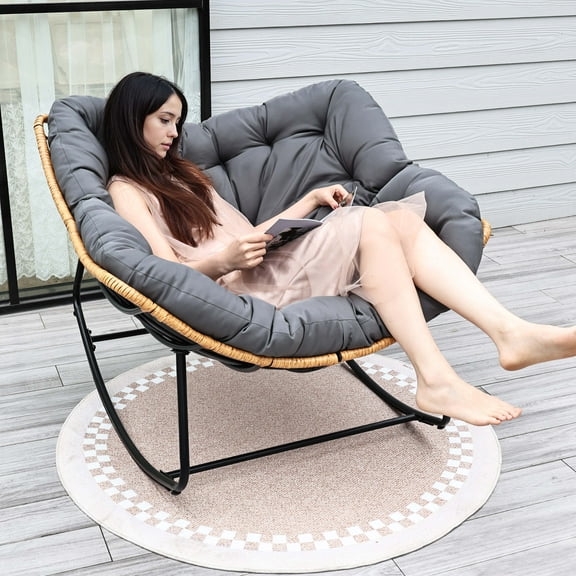 YOEEMZ Wicker Egg-Shaped Rocking Chair with Thick Cushion, Indoor/Outdoor Patio Papasan Chair for Balcony, Garden, or Living Room – Grey