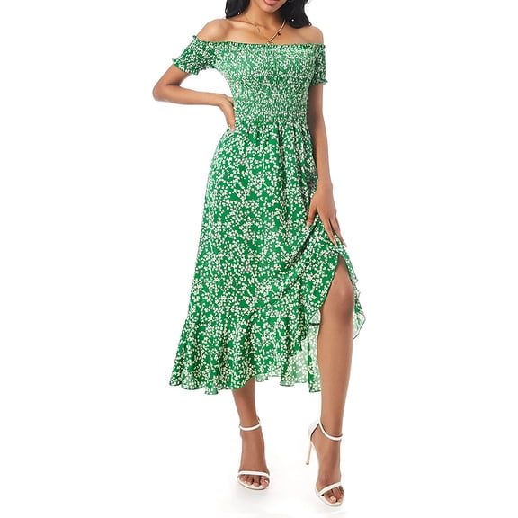 YOESEE Women Floral Print Off Shoulder Boho Dress Short Sleeve Side Split Flowy Maxi Dress Green M