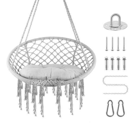 YOEXTO US Hammock Chair, Macrame Swing with Soft Cushion, Cotton Rope Hanging Chair for Indoor Outdoor Patio Backyard, 350lbs Capacity, Grey