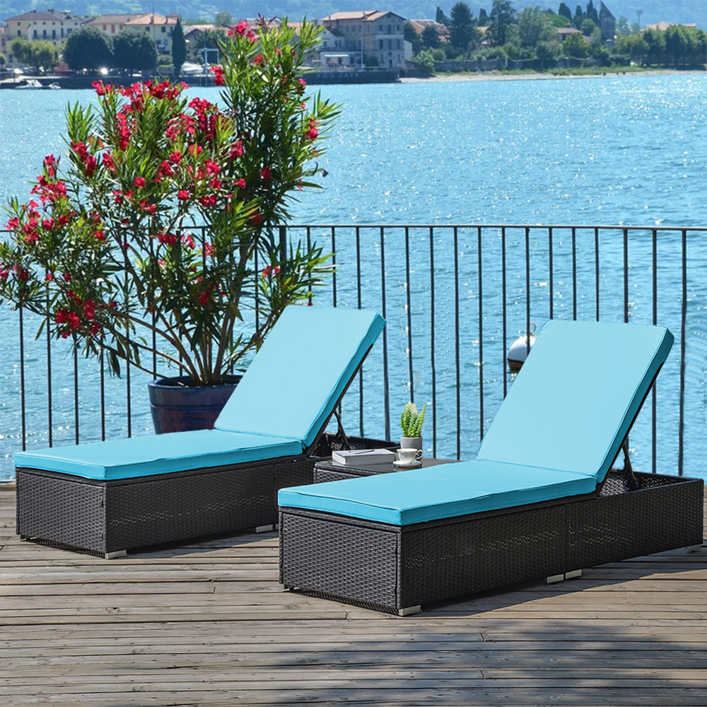 YOFE Outdoor Patio Lounge Chairs, Modern 3 PCS Wicker Chaise Lounge Chair Outdoor Set with Blue Cushions, Tea Table, Adjustable Outdoor Reclining Wicker Lounge Chair for Patio Beach Backyard, R5740 - image 1 of 14