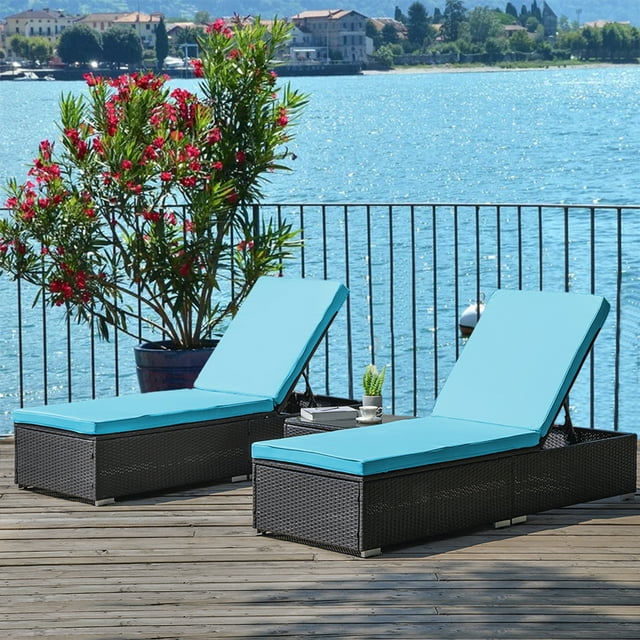 YOFE Outdoor Patio Lounge Chairs, Modern 3 PCS Wicker Chaise Lounge Chair Outdoor Set with Blue Cushions, Tea Table, Adjustable Outdoor Reclining Wicker Lounge Chair for Patio Beach Backyard, R5740