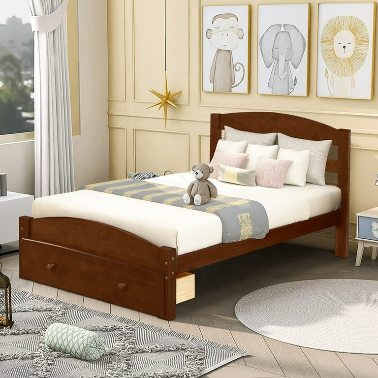 YOFE Twin Size Bed Frame Single Platform Bed Frame for Kids Teens Adults Wood Twin Bed Frame with Headboard and Storage Drawer Modern Twin Platform