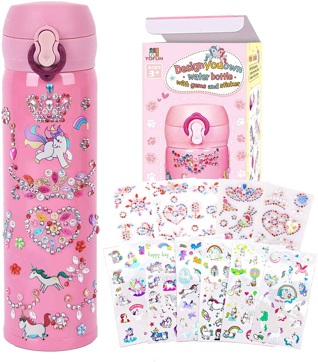 Decorate Your Own Water Bottle for Girls, Cute Arts and Crafts Gifts Toys  for Girls Age 4-6-8-10-12, Unicorn/Mermaid Diamond Painting Crafts Kit for
