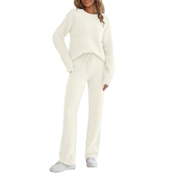 YOGAFOX Fuzzy Fleece Lounge Sets for Women 2 Piece Pajama Set Long Sleeve Loungewear Wide Leg Pants Outfits S-XL
