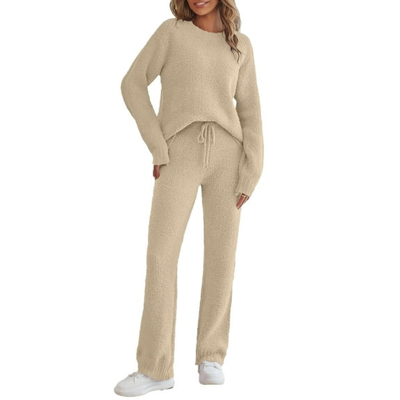 YOGAFOX Fuzzy Fleece Lounge Sets for Women 2 Piece Pajama Set Long Sleeve Loungewear Wide Leg Pants Outfits S-XL