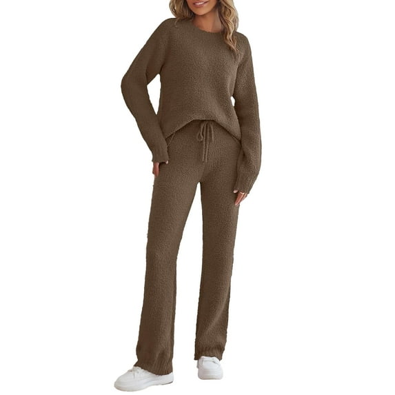 YOGAFOX Fuzzy Fleece Lounge Sets for Women 2 Piece Pajama Set Long Sleeve Loungewear Wide Leg Pants Outfits S-XL