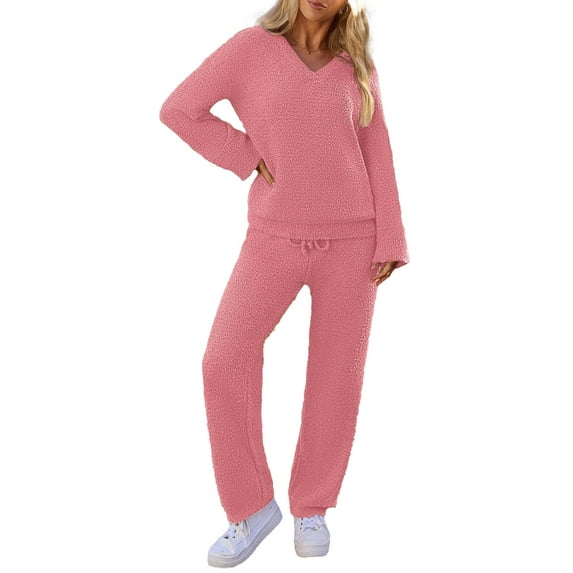 YOGAFOX Fuzzy Fleece Lounge Sets for Women 2 Piece Pajama Set Long Sleeve Loungewear Wide Leg Pants Outfits S-XL