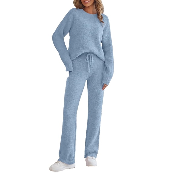 YOGAFOX Fuzzy Fleece Lounge Sets for Women 2 Piece Pajama Set Long Sleeve Loungewear Wide Leg Pants Outfits S-XL
