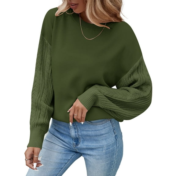 YOGAFOX Women Casual Oversized Cable Knit Long Sleeve Pullover Sweater Army Green L