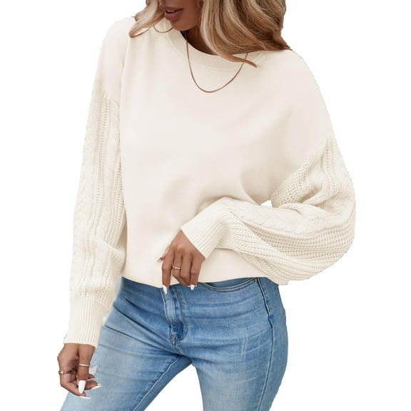 YOGAFOX Women Casual Oversized Cable Knit Long Sleeve Pullover Sweater Beige M