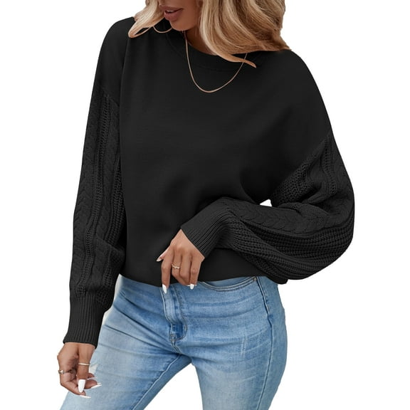 YOGAFOX Women Casual Oversized Cable Knit Long Sleeve Pullover Sweater Black M