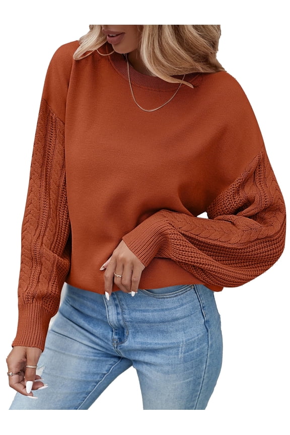 Women Casual Oversized Cable Knit Long Sleeve Pullover Sweater Deep Orange M