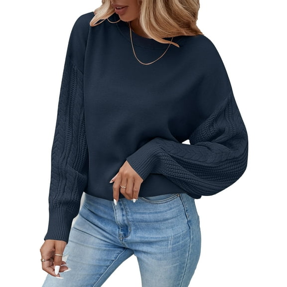 YOGAFOX Women Casual Oversized Cable Knit Long Sleeve Pullover Sweater Navy M