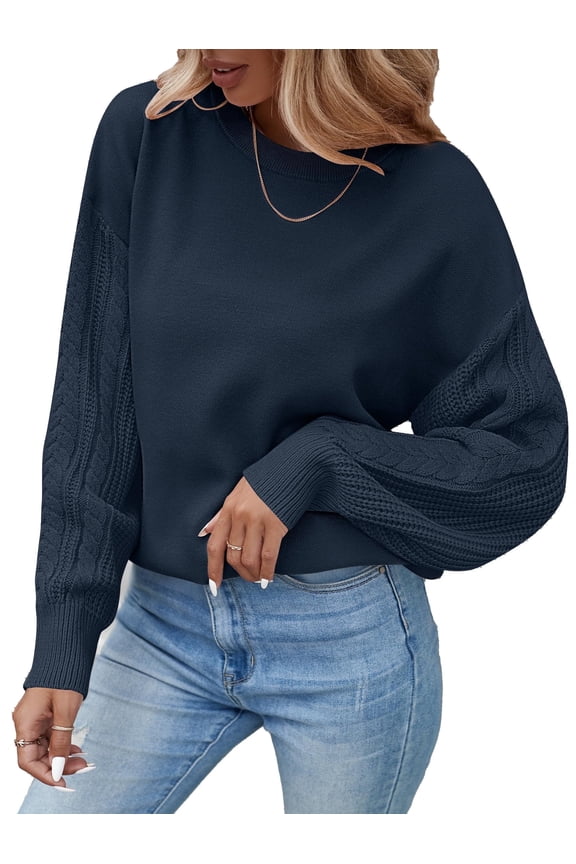 Women Casual Oversized Cable Knit Long Sleeve Pullover Sweater Navy M
