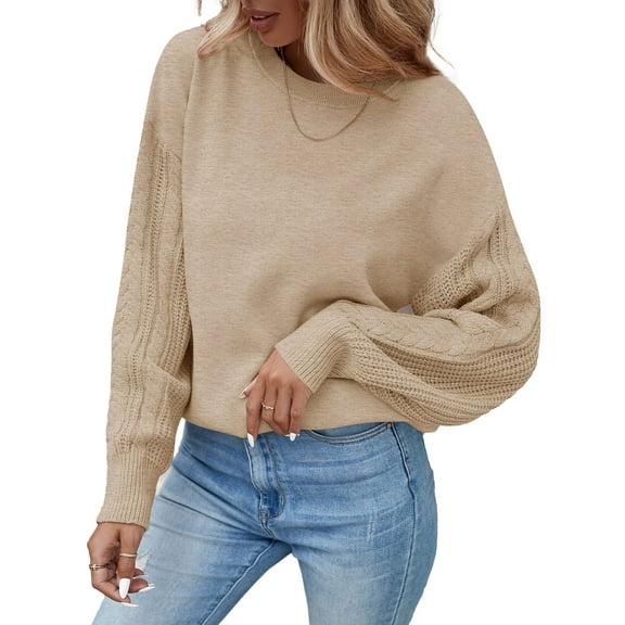 YOGAFOX Women Casual Oversized Cable Knit Long Sleeve Pullover Sweater Oatmeal L
