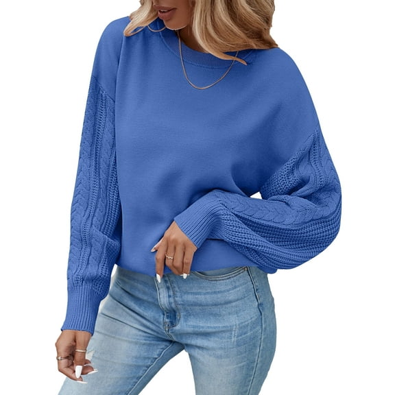 YOGAFOX Women Casual Oversized Cable Knit Long Sleeve Pullover Sweater Royal Blue L
