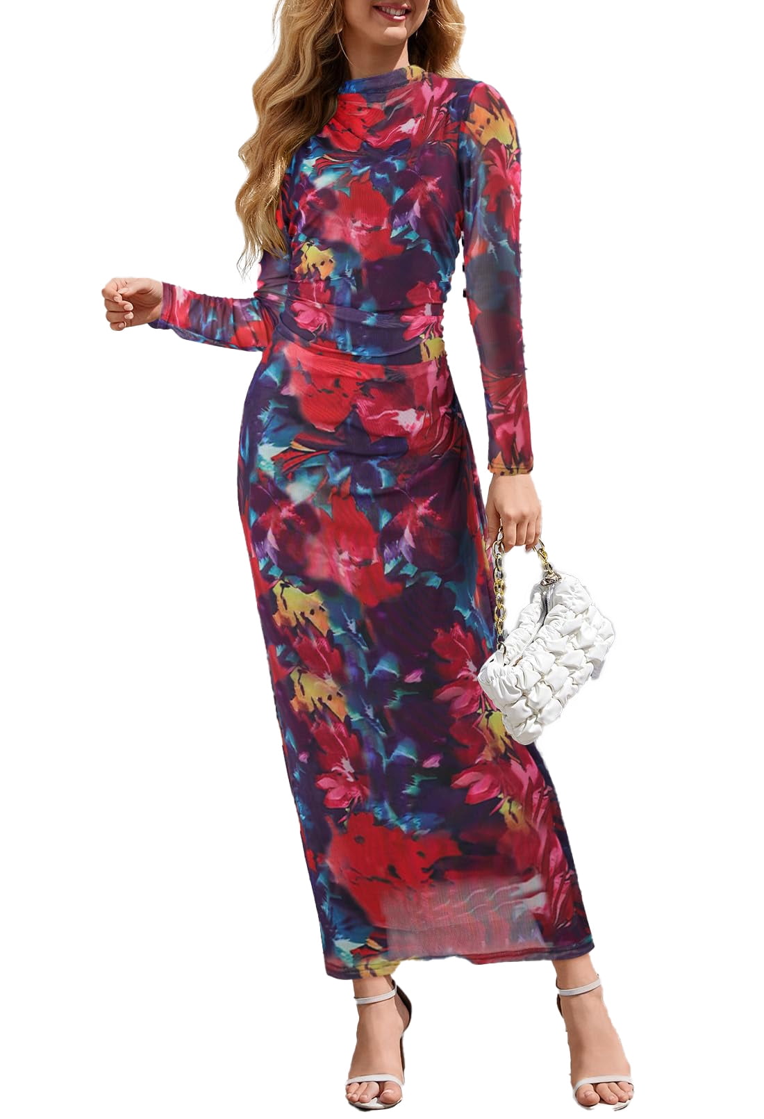 GOKATOSAU Women's Tie Dye Bodycon Dress - Long Sleeve Ruched Midi Dress With Side Split