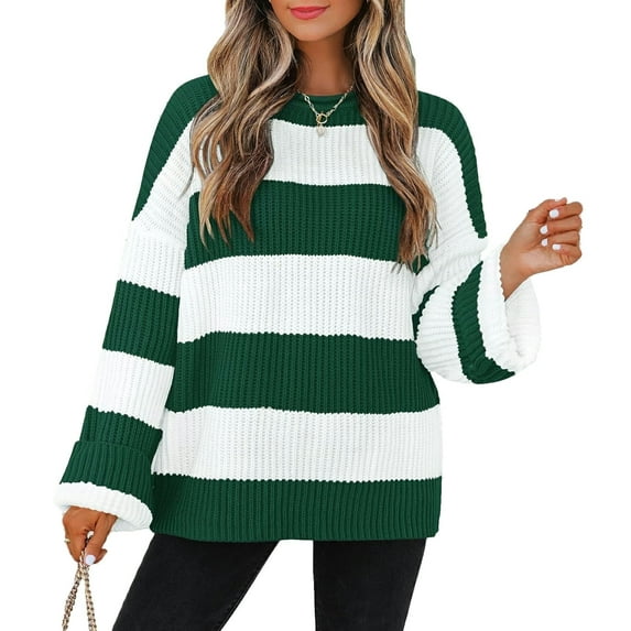 YOGAFOX Women Oversized Color Block Long Sleeve Pullover Sweater Forest Green M