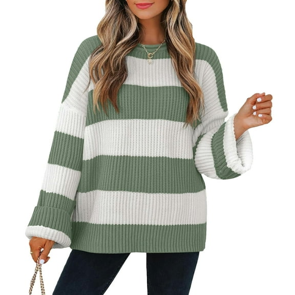 YOGAFOX Women Oversized Color Block Long Sleeve Pullover Sweater Green S