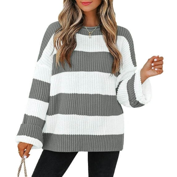 YOGAFOX Women Oversized Color Block Long Sleeve Pullover Sweater Grey S