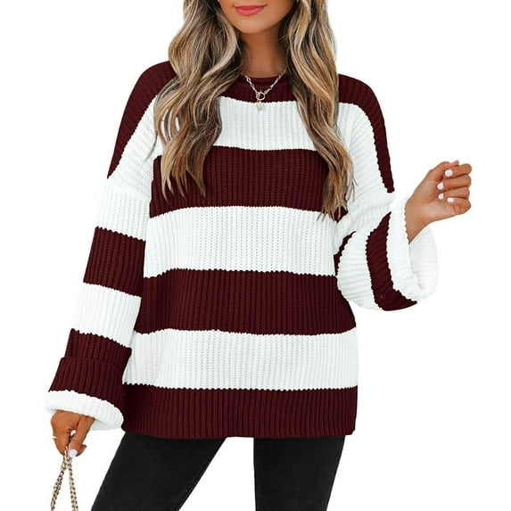 YOGAFOX Women Oversized Color Block Long Sleeve Pullover Sweater Wine XL