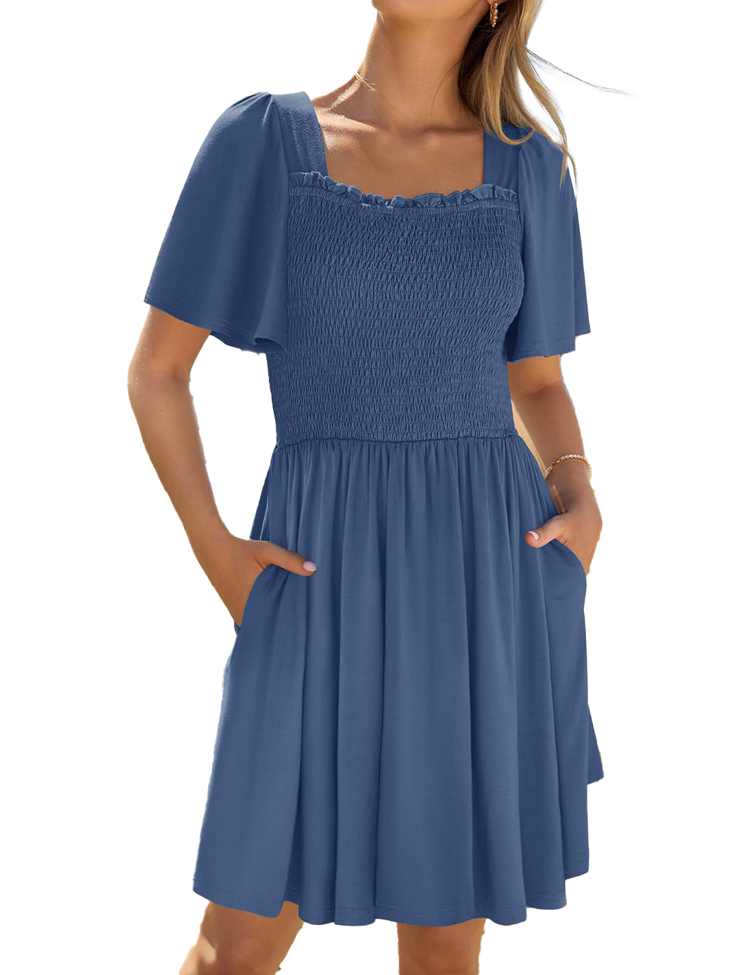 YOGAFOX Women Square Neck Flutter Sleeve Tiered Ruffle Mini Dress Dusty ...