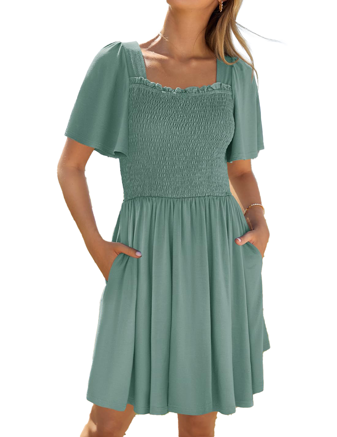 YOGAFOX Women Square Neck Flutter Sleeve Tiered Ruffle Mini Dress Green ...