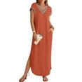 thumbnail image 1 of YOGAFOX Women's 2025 Summer Casual V Neck Split Beach Vacation Loose Maxi Dresses(Caramel,M), 1 of 7