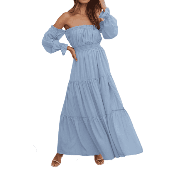 YOGAFOX Women's Boho Off Shoulder Long Sleeve Smocked Side Split Flowy A Line Maxi Dress Light Blue Small