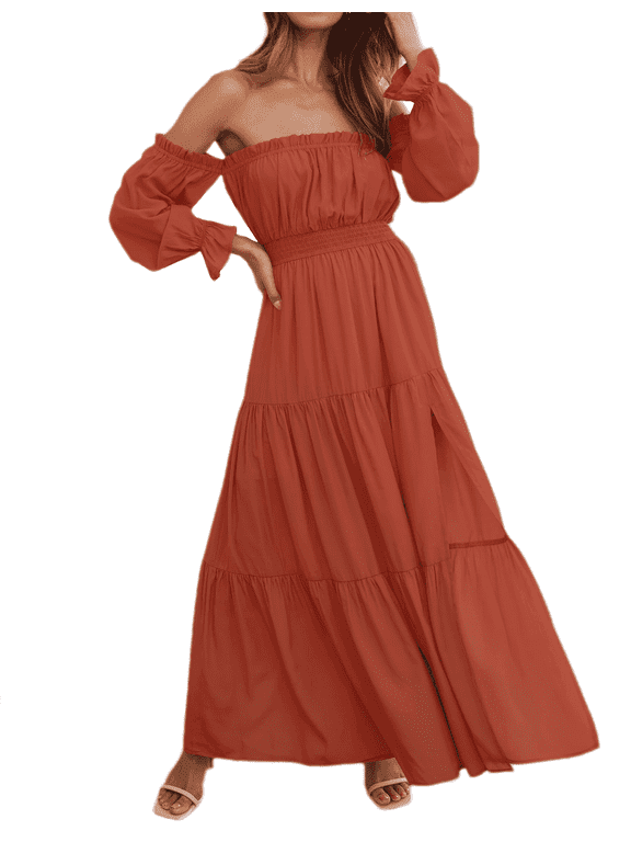 Women's Boho Off Shoulder Long Sleeve Smocked Side Split Flowy A Line Maxi Dress S-XXL