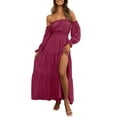 thumbnail image 1 of YOGAFOX Women's Boho Off Shoulder Long Sleeve Smocked Side Split Flowy A Line Maxi Dress S-XXL, 1 of 5