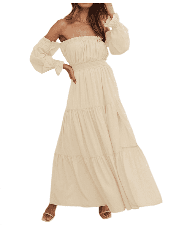 Women's Boho Off Shoulder Long Sleeve Smocked Side Split Flowy A Line Maxi Dress S-XXL