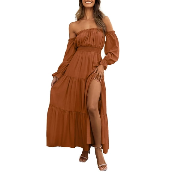 YOGAFOX Women's Boho Off Shoulder Long Sleeve Smocked Side Split Flowy A Line Maxi Dress S-XXL