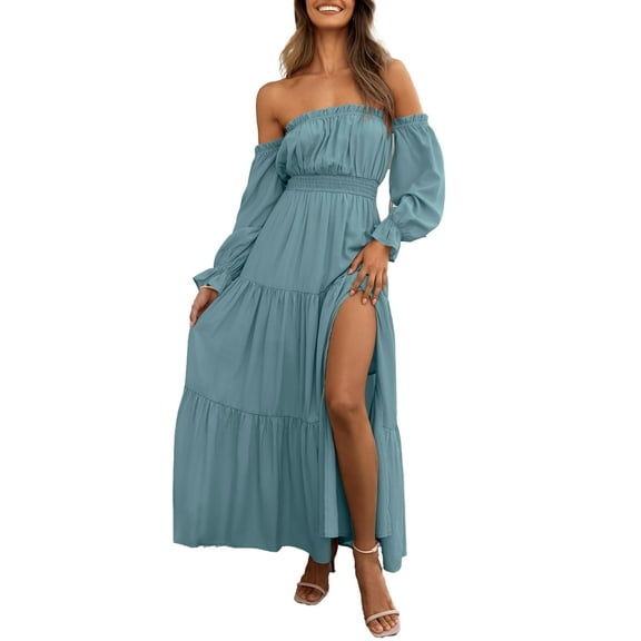 YOGAFOX Women's Boho Off Shoulder Long Sleeve Smocked Side Split Flowy A Line Maxi Dress S-XXL
