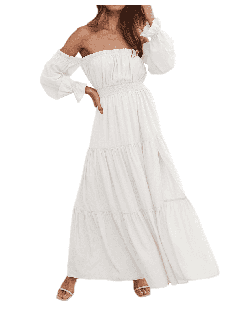 fitted lace wedding dress White Embroidered Boho Maxi Dress with Long Sleeves – The Levant Swan main image 0