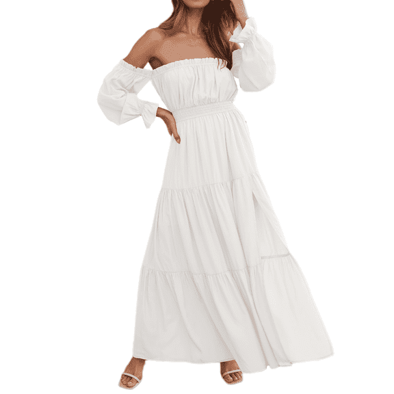 YOGAFOX Women's Boho Smocked Side Split Flowy Maxi Dress White Large