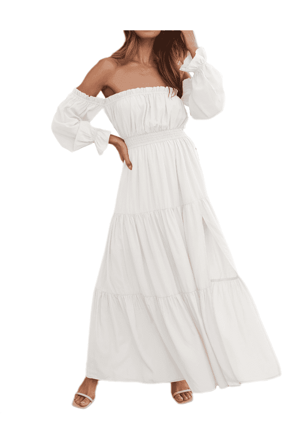 Women's Boho Off Shoulder Long Sleeve Smocked Side Split Flowy A Line Maxi Dress White Small