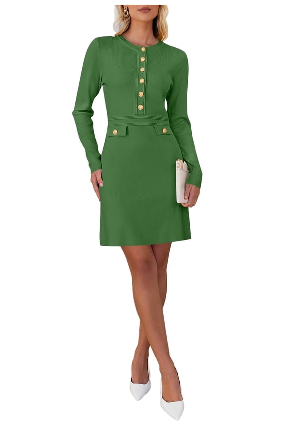 Women's Button Mini Sweater Dress Formal Long Sleeve Bodycon（Green,S）