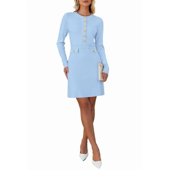 YOGAFOX Women's Button Mini Sweater Dress Formal Long Sleeve Bodycon(Light Blue,L)