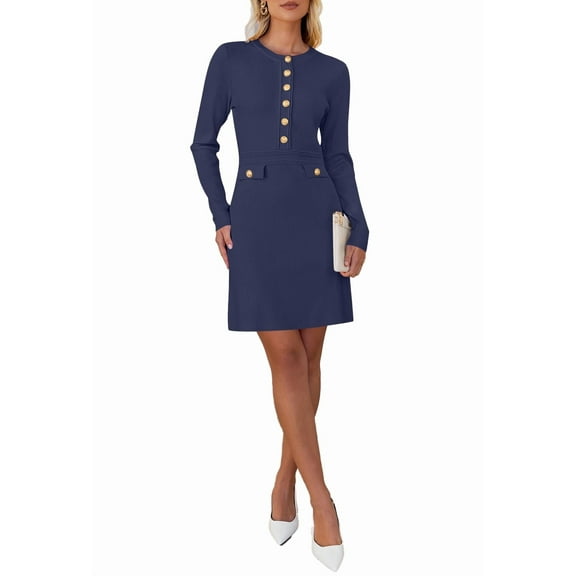 YOGAFOX Women's Button Mini Sweater Dress Formal Long Sleeve Bodycon（Navy,S）