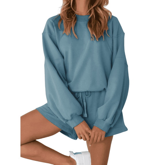 YOGAFOX Women's Fall Batwing Sleeve Top and Shorts 2 Piece Outfits Sweatsuit Blue S