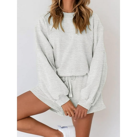 YOGAFOX Women's Fall Batwing Sleeve Top and Shorts 2 Piece Outfits Sweatsuit Light Grey S