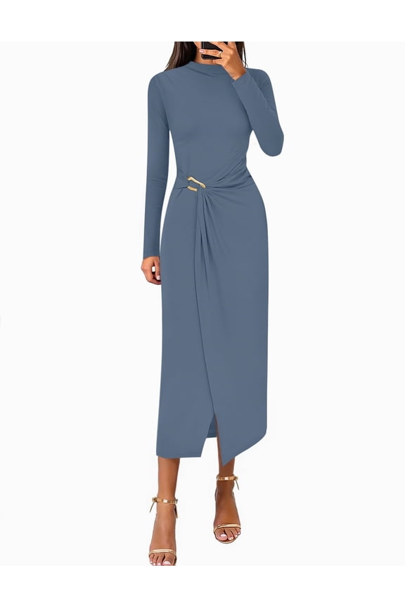 Women's Fall Mock Neck Midi Bodycon Long Sleeve Elegant Dresses S-XL