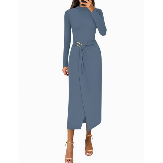 YOGAFOX Women's Fall Mock Neck Midi Bodycon Long Sleeve Elegant Dresses S-XL