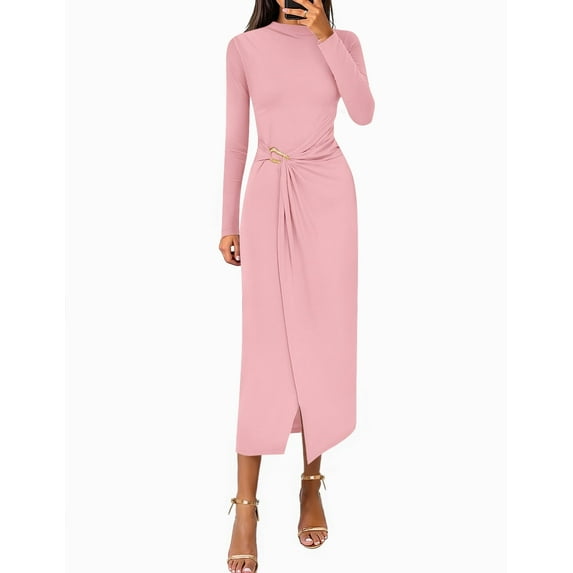 YOGAFOX Women's Fall Mock Neck Midi Bodycon Long Sleeve Elegant Dresses S-XL