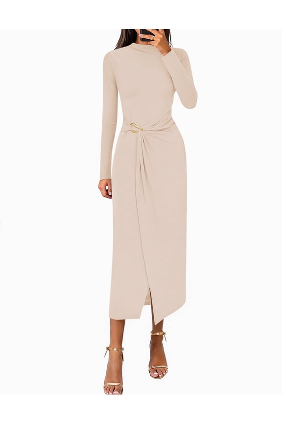 Women's Fall Mock Neck Midi Bodycon Long Sleeve Elegant Dresses S-XL