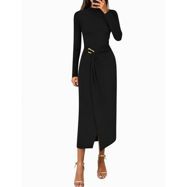 YOGAFOX Women's Fall Mock Neck Midi Bodycon Long Sleeve Elegant Dresses S-XL