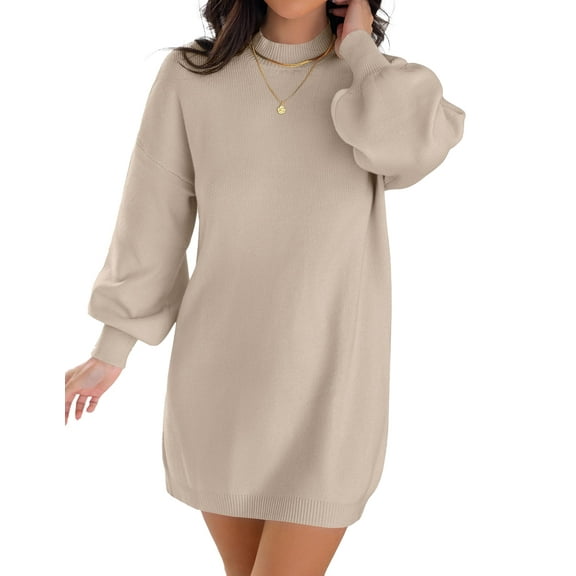 YOGAFOX Women's Fall Oversized Turtleneck Lantern Sleeve Casual Knit Mini Dress Almond M